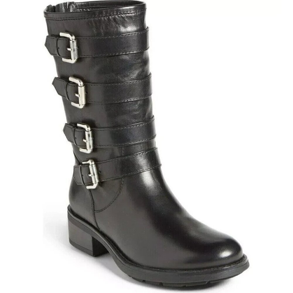AQUATALIA by Marvin K SWELL Leather Biker Mid-Calf Buckle boots Sz 9.5